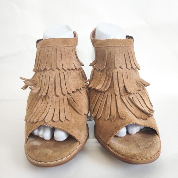 Very Volatile Sandals 8 Tan Suede Leather Fringe Block Heel Fringe Western Boho - Picture 4 of 10